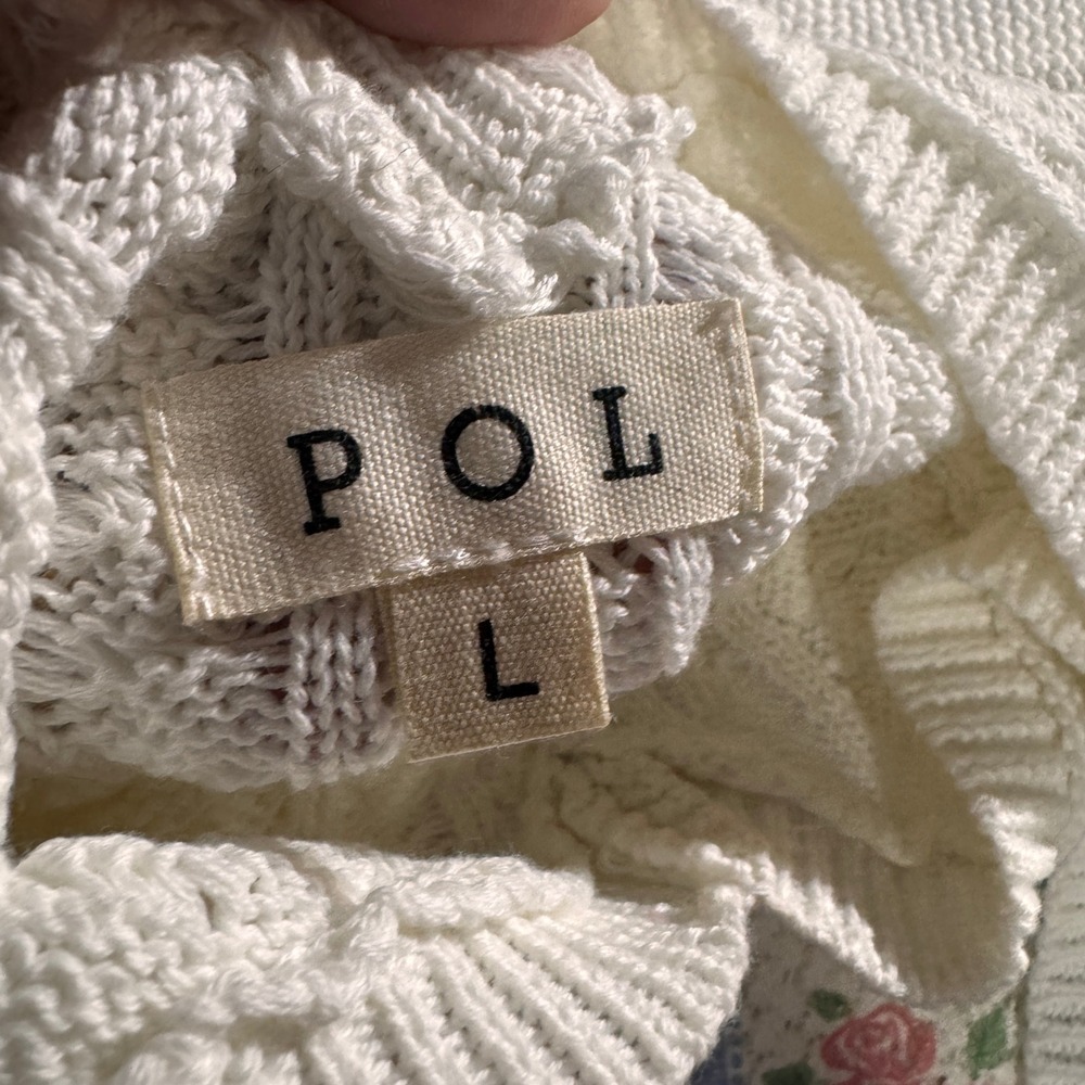 POL Sweater Tank Top Womens Large Cream Floral Cable Knit Lace Trim Cottagecore - Picture 3 of 8